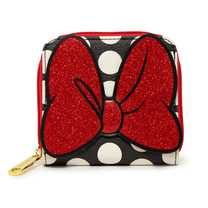 Women's Zip Around Wallet Square - Minnie Mouse Glitter Bow Mini Clutch Wallets Disney   