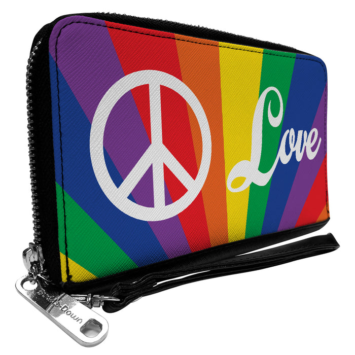 Women's PU Zip Around Wallet Rectangle - PEACE and LOVE Rainbow Rays Multi Color White Clutch Zip Around Wallets Buckle-Down   