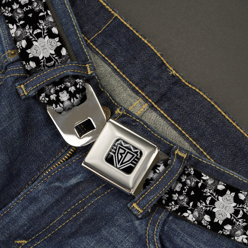 BD Wings Logo CLOSE-UP Full Color Black Silver Seatbelt Belt - Floral Collage Black/Gray/White Webbing Seatbelt Belts Buckle-Down   