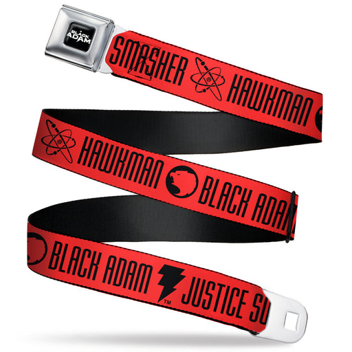 DC BLACK ADAM Title Logo Full Color Black/White Seatbelt Belt - Black Adam JUSTICE SOCIETY Icons and Text Red/Black Webbing Seatbelt Belts DC Comics   