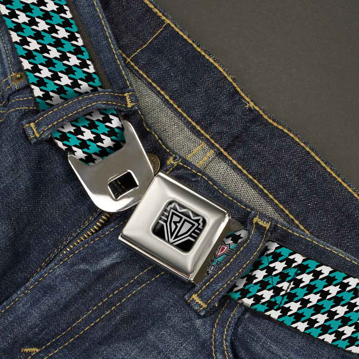 BD Wings Logo CLOSE-UP Full Color Black Silver Seatbelt Belt - Houndstooth Black/White/Turquoise Webbing Seatbelt Belts Buckle-Down   