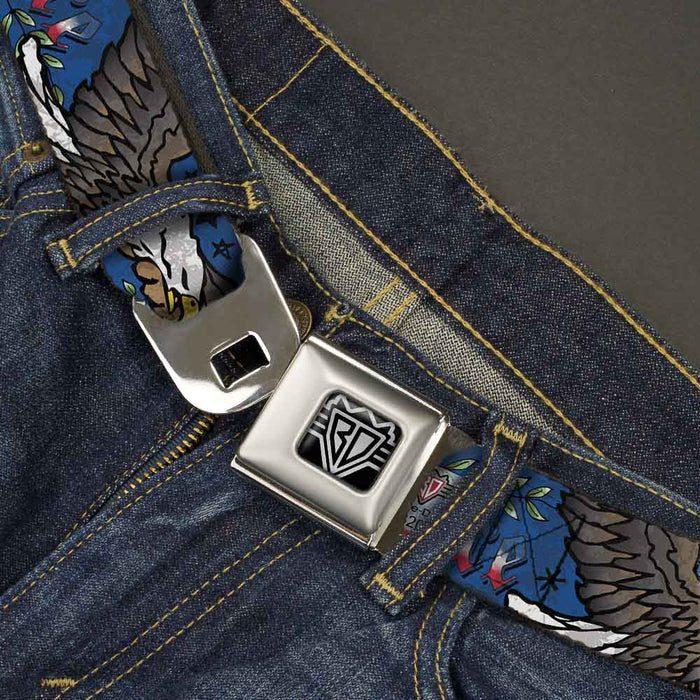 BD Wings Logo CLOSE-UP Full Color Black Silver Seatbelt Belt - Truth and Justice Blue Webbing Seatbelt Belts Buckle-Down   