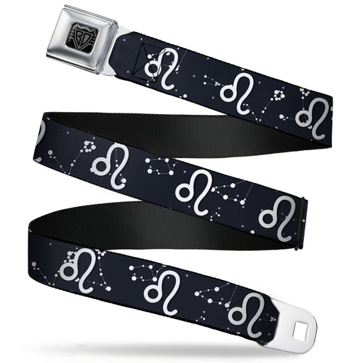 BD Wings Logo CLOSE-UP Full Color Black Silver Seatbelt Belt - Zodiac Leo Symbol/Constellations Black/White Webbing Seatbelt Belts Buckle-Down   