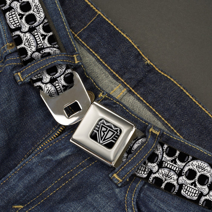 BD Wings Logo CLOSE-UP Full Color Black Silver Seatbelt Belt - Cartoon Sugar Skulls Stacked Black/White Webbing Seatbelt Belts Buckle-Down   