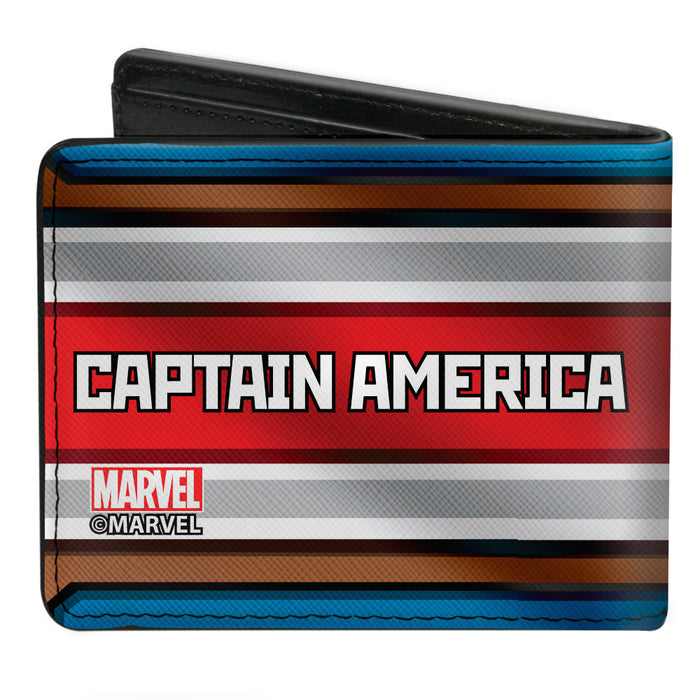 MARVEL AVENGERS Bi-Fold Wallet - Captain America "A" Logo + Text Stripe Blues Brown Grays Reds White Bi-Fold Wallets Marvel Comics   