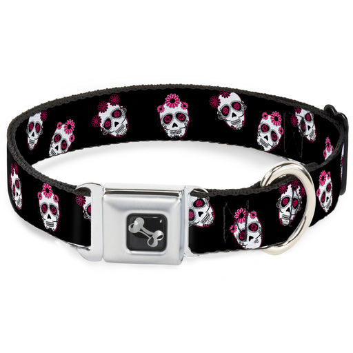 Dog Bone Seatbelt Buckle Collar - Staggered Sugar Skulls Black/Pink/White Seatbelt Buckle Collars Buckle-Down   