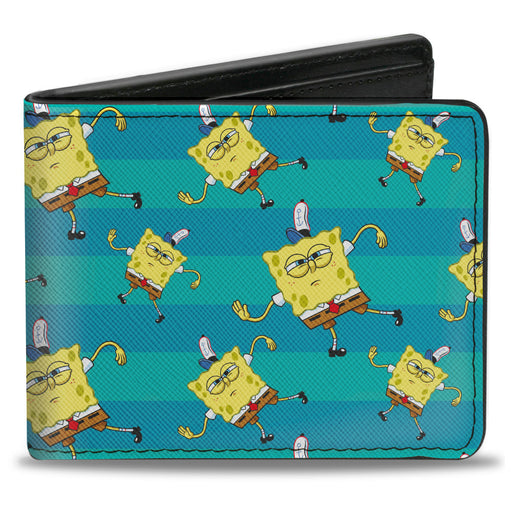 Bi-Fold Wallet - SpongeBob Dancing Pose Scattered Stripe Teal Blues Bi-Fold Wallets Nickelodeon   