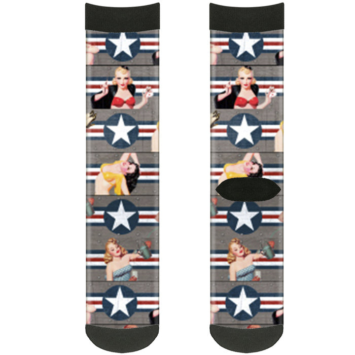 Sock Pair - Polyester - Pin Up Girl Poses CLOSE-UP Star & Stripes Gray Blue White Red - CREW Socks Buckle-Down   