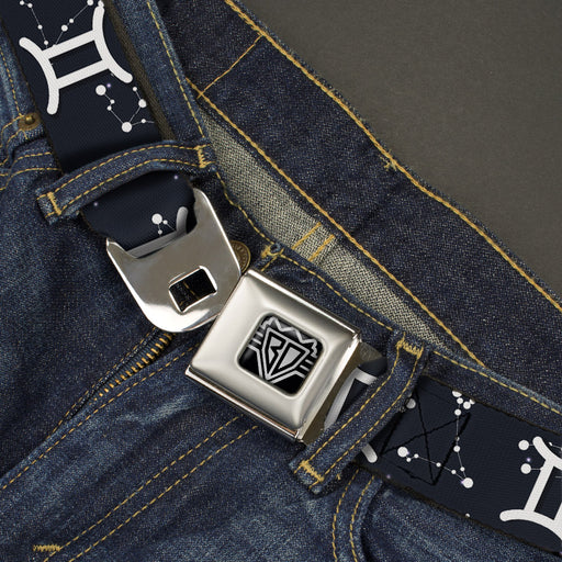 BD Wings Logo CLOSE-UP Full Color Black Silver Seatbelt Belt - Zodiac Gemini Symbol/Constellations Black/White Webbing Seatbelt Belts Buckle-Down   