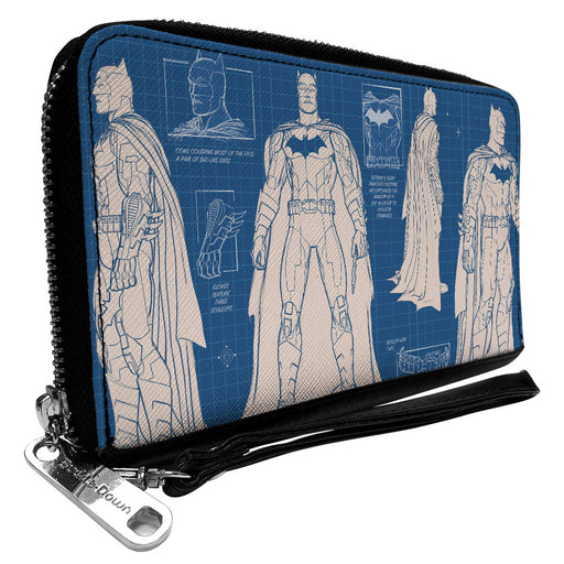 Women's PU Zip Around Wallet Rectangle - Batman Blueprint Tech Poses Blues White Clutch Zip Around Wallets DC Comics   