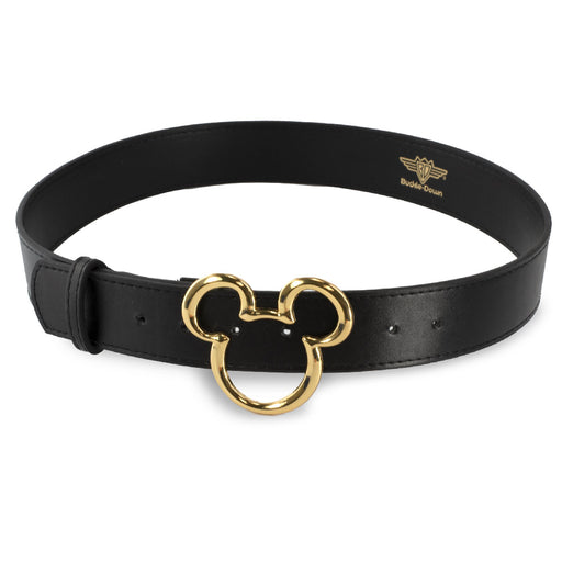 Mickey Ears Outline Gold Cast Buckle - 1.5 Inch Wide Black PU Strap Belt Cast Buckle Belts Disney   