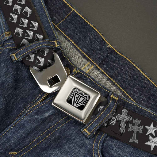 BD Wings Logo CLOSE-UP Full Color Black Silver Seatbelt Belt - Elegant Crosses/Stars/Studs Black/Grays Webbing Seatbelt Belts Buckle-Down   