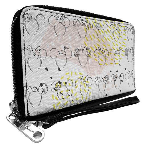 Women's PU Zip Around Wallet Rectangle - Minnie Mouse Ears Sketches White Pinks Grays Clutch Zip Around Wallets Disney   