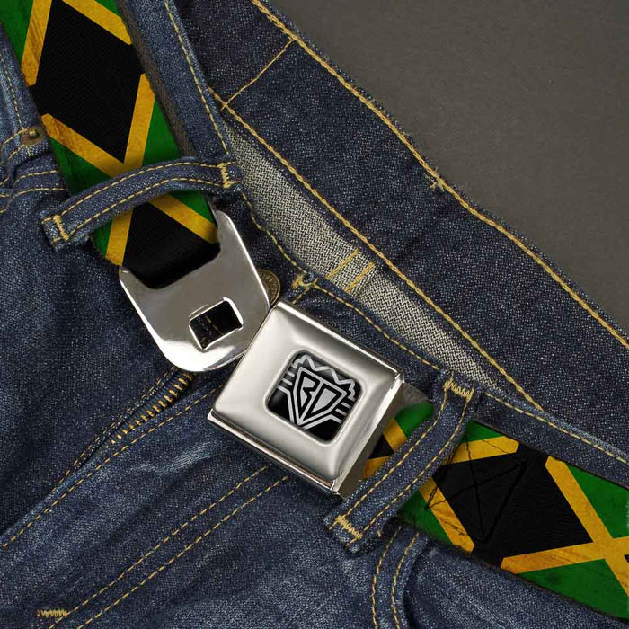 BD Wings Logo CLOSE-UP Full Color Black Silver Seatbelt Belt - Jamaica Flags Vintage Black Webbing Seatbelt Belts Buckle-Down   