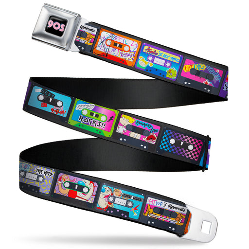 Nick 90'S Rewind Icon Full Color Black/Blue/Pink Seatbelt Belt - Nick 90's Rewind 13-Mash Up Cassette Tapes Black Webbing Seatbelt Belts Nickelodeon   