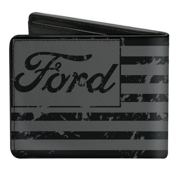 Bi-Fold Wallet - FORD Script Americana Flag Weathered Gray Black Bi-Fold Wallets Ford   