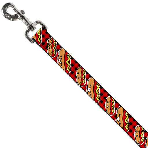 Dog Leash - Hot Dogs/Buffalo Plaid Black/Red Dog Leashes Buckle-Down   