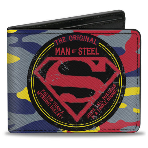 Bi-Fold Wallet - Superman THE ORIGINAL MAN OF STEEL Badge Camo Gray Red Yellow Blue Bi-Fold Wallets DC Comics   