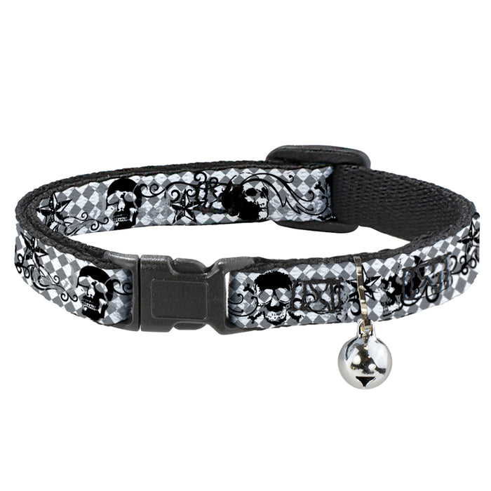 Cat Collar Breakaway - Diamonds White Gray w Skulls Breakaway Cat Collars Buckle-Down   