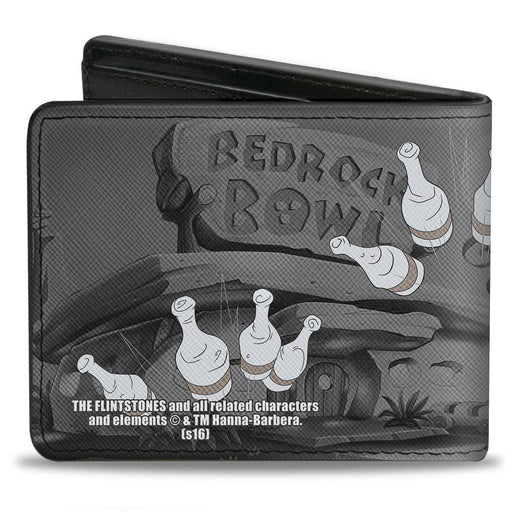 Bi-Fold Wallet - Fred Bowling Pose + BEDROCK BOWL Bowling Pins Black Grays Bi-Fold Wallets The Flintstones   