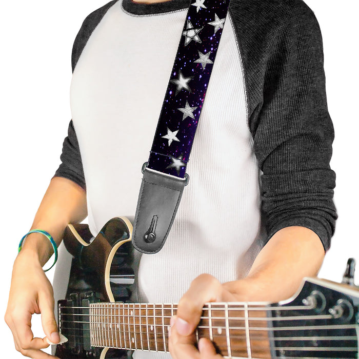 Guitar Strap - Glowing Stars in Space Black Purple White Guitar Straps Buckle-Down   