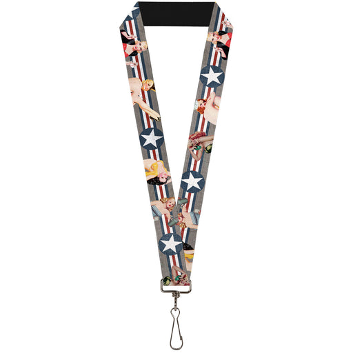 Lanyard - 1.0" - Pin Up Girl Poses Star & Stripes Gray Blue White Red Lanyards Buckle-Down   