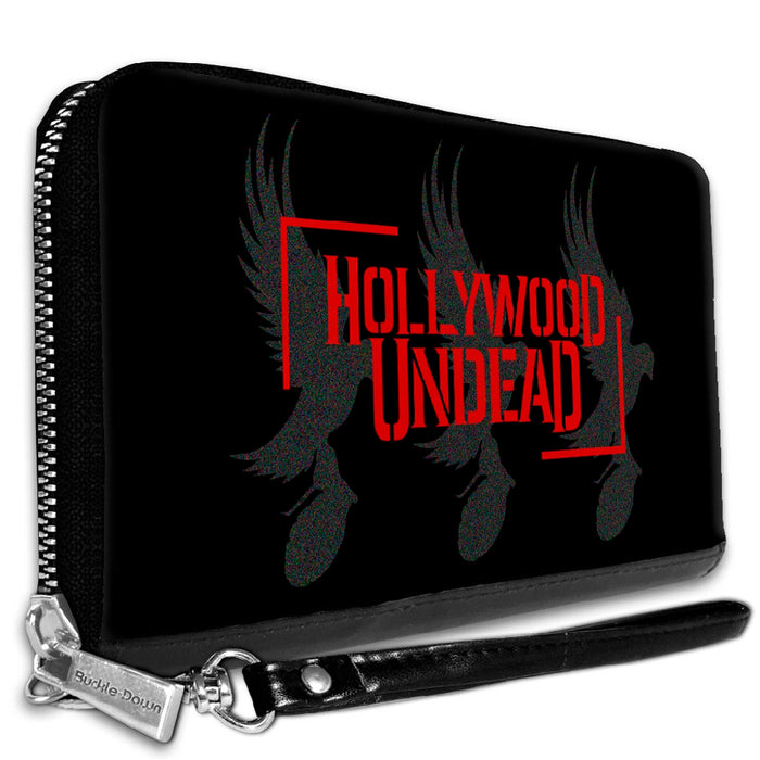 Women's PU Zip Around Wallet Rectangle - HOLLYWOOD UNDEAD Text Logo Tri-Dove & Grenade Icon Black Gray Red Clutch Zip Around Wallets Hollywood Undead   