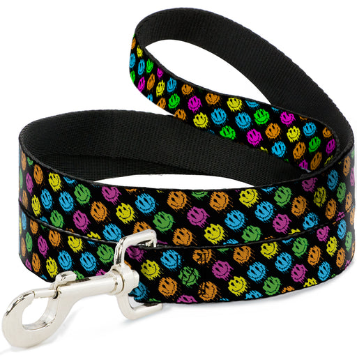 Dog Leash - Smiley Faces Melted Mini Repeat Angle Black/Multi Neon Dog Leashes Buckle-Down   