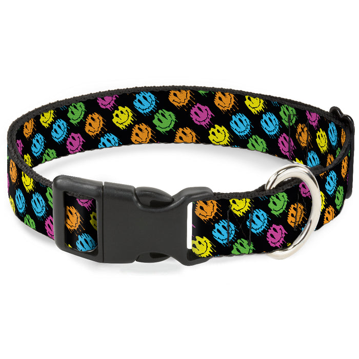 Plastic Clip Collar - Smiley Faces Melted Mini Repeat Angle Black/Multi Neon Plastic Clip Collars Buckle-Down   