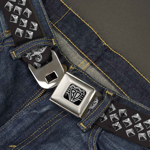 BD Wings Logo CLOSE-UP Full Color Black Silver Seatbelt Belt - Fleur-de-Lis/Studs Black/Grays Webbing Seatbelt Belts Buckle-Down   