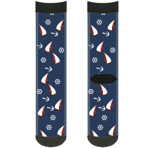 Sock Pair - Polyester - Sailboat Anchor Helm Scattered Navy White Red - CREW Socks Buckle-Down   