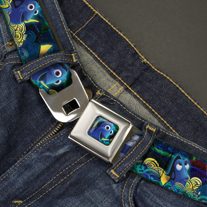 Dory Pose2 Swirls Full Color Blues Yellows Seatbelt Belt - Dory Poses/Swirls Blues/Yellows Webbing Seatbelt Belts Disney   