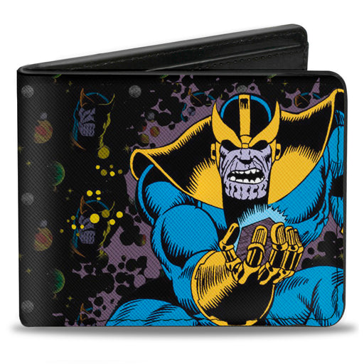MARVEL COMICS Bi-Fold Wallet - Thanos Holding Cosmic Cube Pose + Text Logo Face Planets Black Multi Color Yellow Bi-Fold Wallets Marvel Comics   