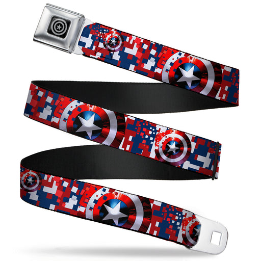 MARVEL AVENGERS Captain America Shield Black Silver Seatbelt Belt - Captain America Shield Digital Camo Blue/White/Red Webbing Seatbelt Belts Marvel Comics   