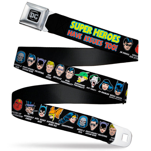 DC Round Logo Black/Silver Seatbelt Belt - DC Originals SUPER HEROES HAVE ISSUES TOO! Faces/Issues Black Webbing Seatbelt Belts DC Comics   