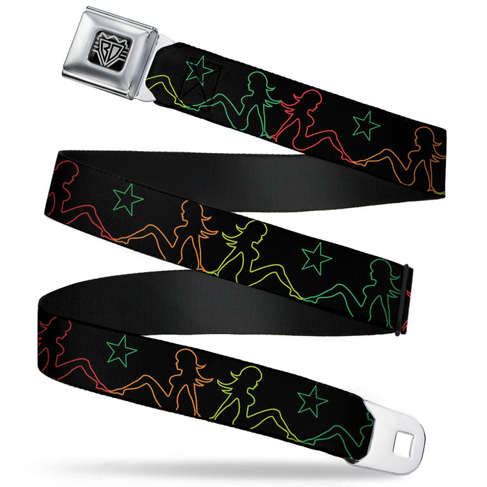 BD Wings Logo CLOSE-UP Full Color Black Silver Seatbelt Belt - Mud Flap Girls w/Star Outline Black/Multi Color Webbing Seatbelt Belts Buckle-Down   