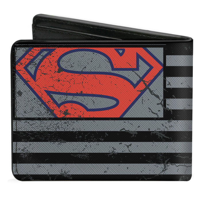 Bi-Fold Wallet - Superman Shield Americana Weathered Gray Black Blue Red Bi-Fold Wallets DC Comics   