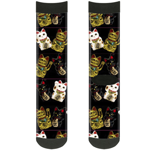 Sock Pair - Polyester - Maneki Neko Lucky Cats Gold Black White - CREW Socks Buckle-Down   