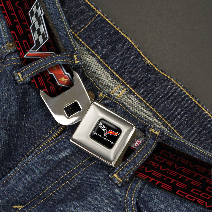 C6 Full Color Seatbelt Belt - C6 Logo/CORVETTE Repeat Black/Red Ombre Webbing Seatbelt Belts GM General Motors   