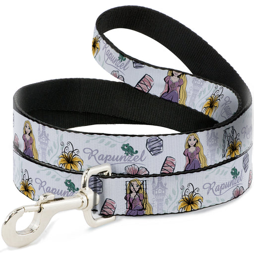 Dog Leash - Rapunzel Castle and Pascual Pose with Script and Flowers White/Purples Dog Leashes Disney   