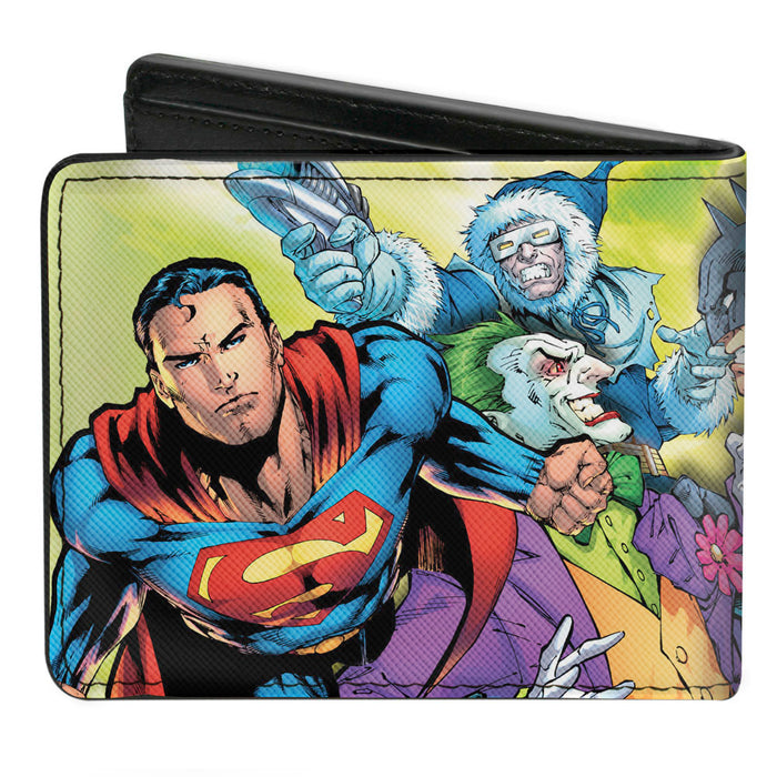 Bi-Fold Wallet - Justice Leage 4-Superheroes and 2-Villains Group Pose2 Glow Burst Greens Bi-Fold Wallets DC Comics   