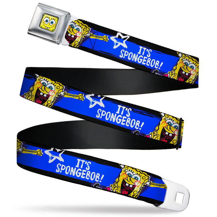 Sponge Bob Face CLOSE-UP Full Color Seatbelt Belt - SpongeBob Pose IT'S SPONGEBOB! Stripe Black/Blue/White Webbing Seatbelt Belts Nickelodeon   