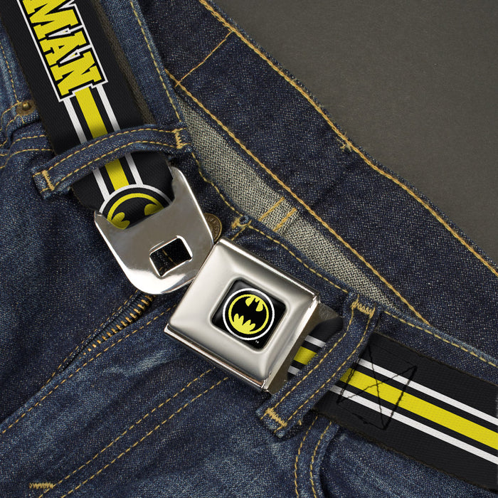 Bat Signal Full Color Black White Yellow Seatbelt Belt - BATMAN/Bat Signal Triple Stripe Black/White/Yellow Webbing Seatbelt Belts DC Comics   