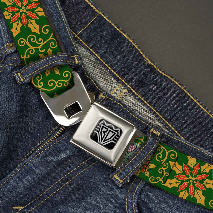 BD Wings Logo CLOSE-UP Full Color Black Silver Seatbelt Belt - Holiday Holly Green/Gold/Red Webbing Seatbelt Belts Buckle-Down   