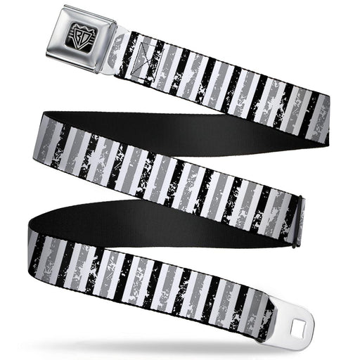 BD Wings Logo CLOSE-UP Full Color Black Silver Seatbelt Belt - Vertical Stripes White/Black/Gray Webbing Seatbelt Belts Buckle-Down   