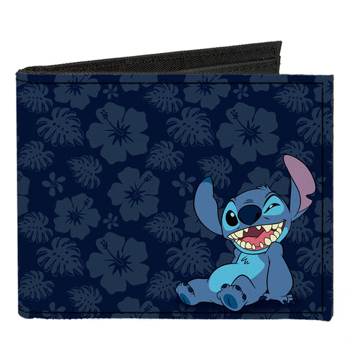Canvas Bi-Fold Wallet - Stitch Winking Pose Tropical Flora Blues Canvas Bi-Fold Wallets Disney   