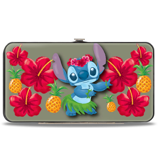 Hinged Wallet - Stitch Hula Pose Front + Back Hibiscus Flowers Pineapples Gray Hinged Wallets Disney   