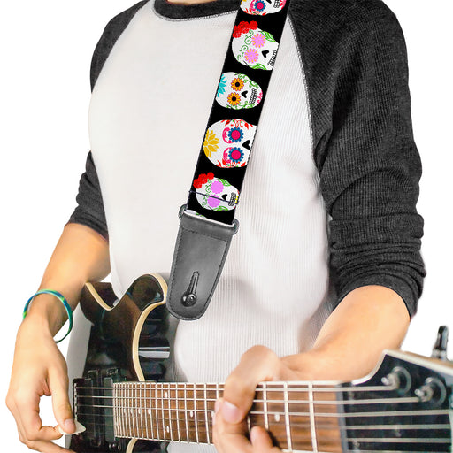 Guitar Strap - Staggered Sugar Skulls Black Multi Color Guitar Straps Buckle-Down   