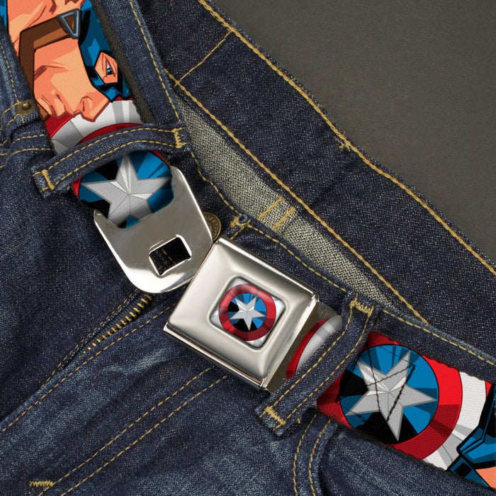MARVEL AVENGERS Captain America Shield2 CLOSE-UP Full Color Seatbelt Belt - Captain America Face Turns/Shield CLOSE-UP Webbing Seatbelt Belts Marvel Comics   