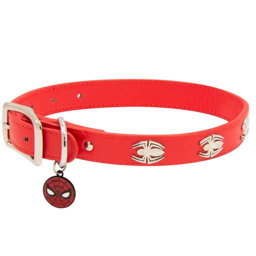 Vegan Leather Dog Collar - Spider-Man Red with Spider Embellishments & Metal Charm Imported PU Collars Marvel Comics   